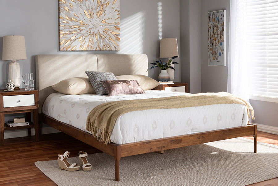 Baxton Studio Aveneil Mid-Century Modern Beige Fabric Upholstered Walnut Finished King Size Platform Bed | Modishstore | Beds