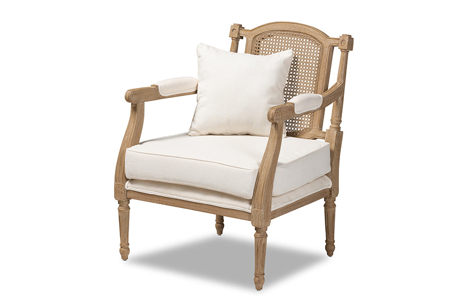 baxton studio clemence french provincial ivory fabric upholstered whitewashed wood armchair | Modish Furniture Store-2