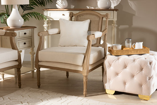 Baxton Studio Clemence French Provincial Ivory Fabric Upholstered Whitewashed Wood Armchair | Modishstore | Armchairs