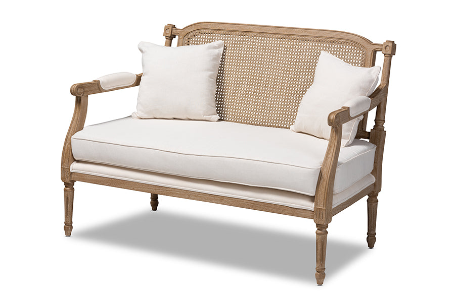 baxton studio clemence french provincial ivory fabric upholstered whitewashed wood loveseat | Modish Furniture Store-2