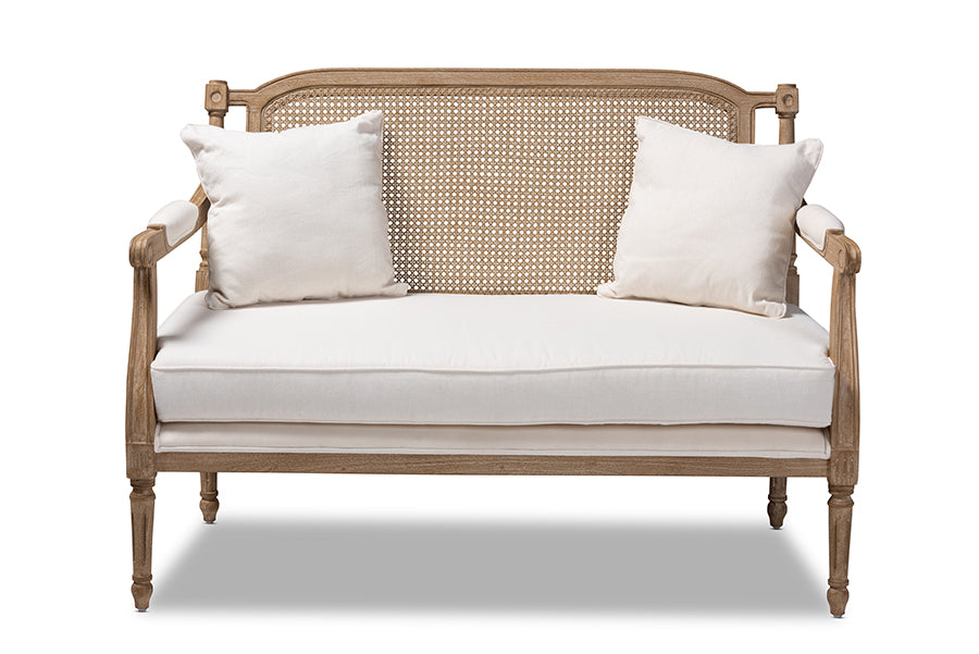 baxton studio clemence french provincial ivory fabric upholstered whitewashed wood loveseat | Modish Furniture Store-3