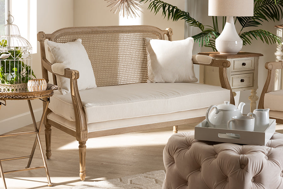 Baxton Studio Clemence French Provincial Ivory Fabric Upholstered Whitewashed Wood Loveseat | Modishstore | Loveseats