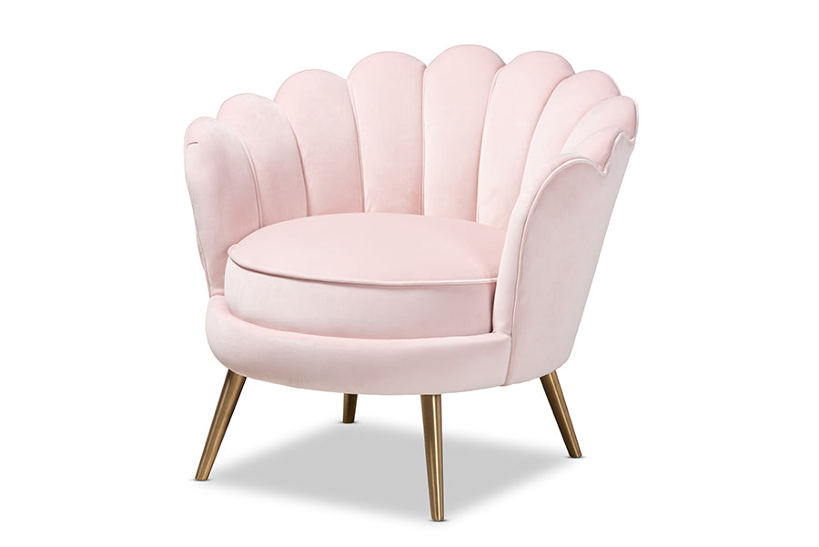 baxton studio cosette glam and luxe light pink velvet fabric upholstered brushed gold finished seashell shaped accent chair | Modish Furniture Store-2