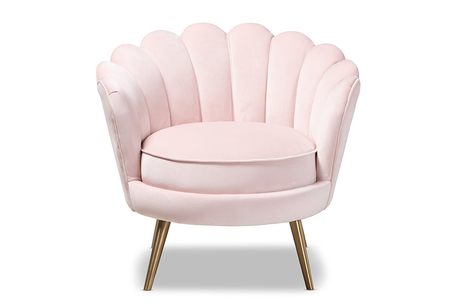 baxton studio cosette glam and luxe light pink velvet fabric upholstered brushed gold finished seashell shaped accent chair | Modish Furniture Store-3