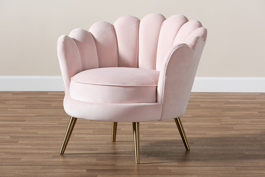 Baxton Studio Cosette Glam and Luxe Light Pink Velvet Fabric Upholstered Brushed Gold Finished Seashell Shaped Accent Chair | Modishstore | Accent Chairs