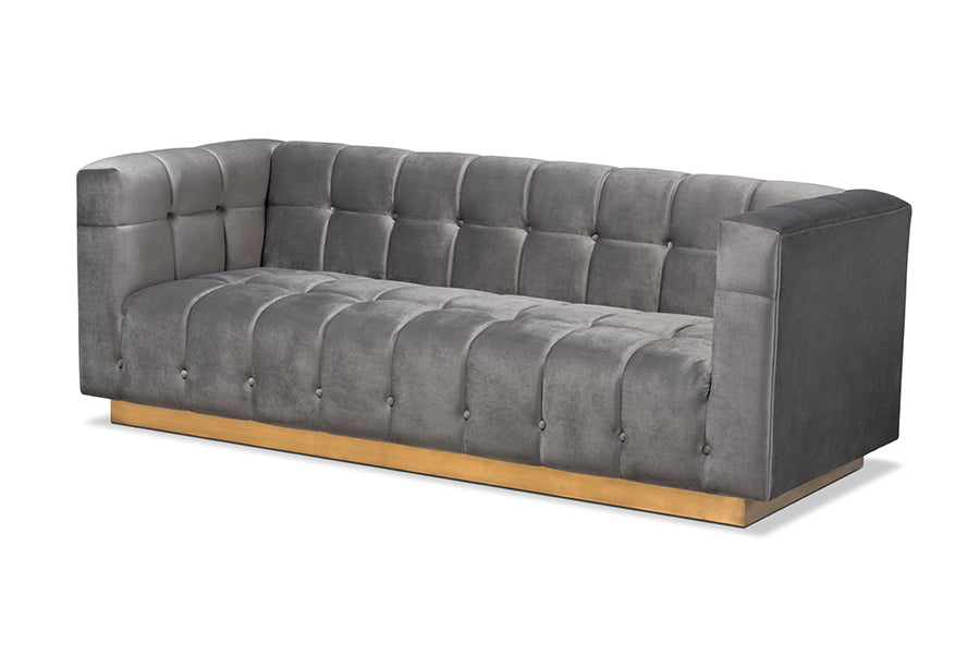 baxton studio loreto glam and luxe grey velvet fabric upholstered brushed gold finished sofa | Modish Furniture Store-2