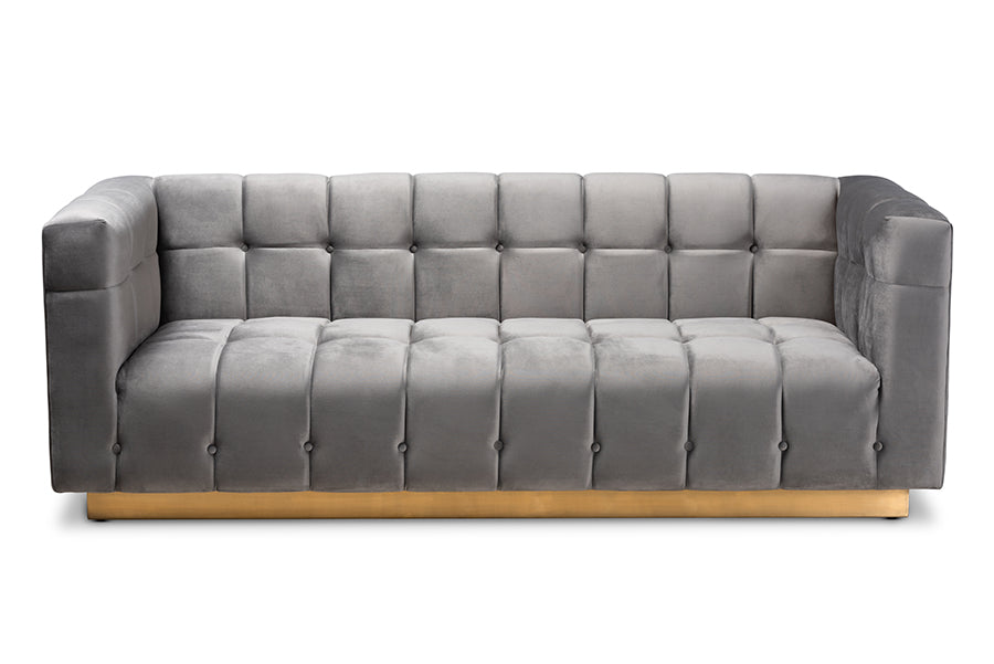 baxton studio loreto glam and luxe grey velvet fabric upholstered brushed gold finished sofa | Modish Furniture Store-3