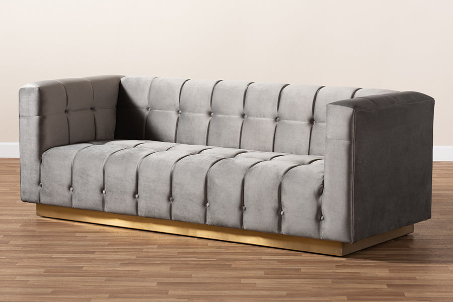 Baxton Studio Loreto Glam and Luxe Grey Velvet Fabric Upholstered Brushed Gold Finished Sofa | Modishstore | Sofas
