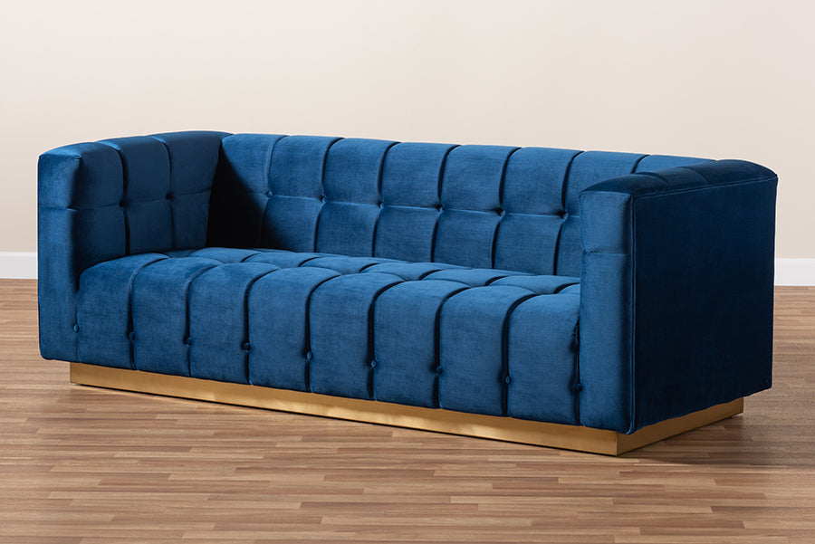 Baxton Studio Loreto Glam and Luxe Navy Blue Velvet Fabric Upholstered Brushed Gold Finished Sofa | Modishstore | Sofas