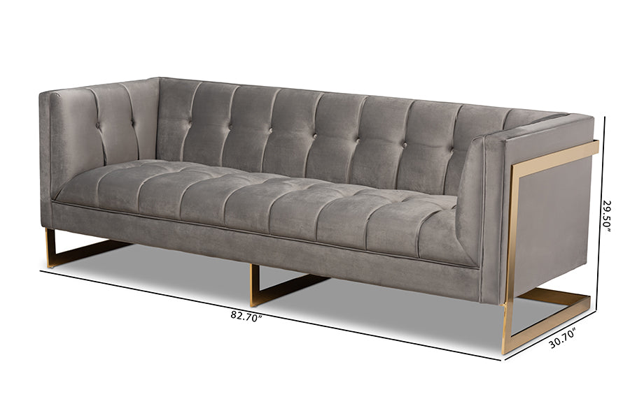 Baxton Studio Ambra Glam and Luxe Grey Velvet Fabric Upholstered and Button Tufted Sofa with Gold-Tone Frame | Sofas | Modishstore - 9