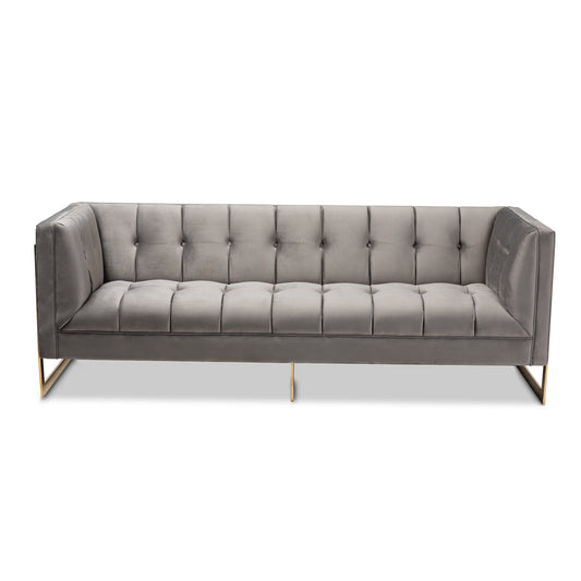 Baxton Studio Ambra Glam and Luxe Grey Velvet Fabric Upholstered and Button Tufted Sofa with Gold-Tone Frame | Sofas | Modishstore