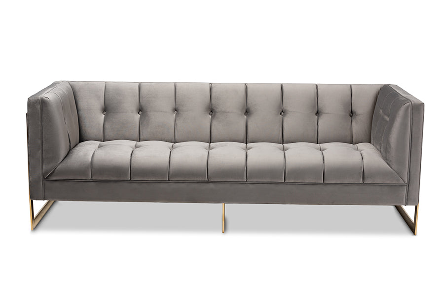 Baxton Studio Ambra Glam and Luxe Grey Velvet Fabric Upholstered and Button Tufted Sofa with Gold-Tone Frame | Sofas | Modishstore - 8