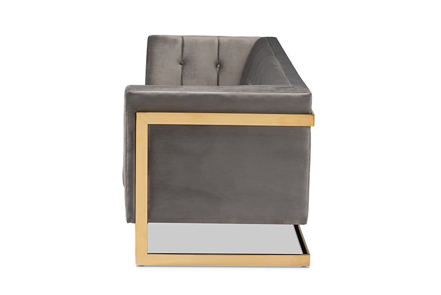 Baxton Studio Ambra Glam and Luxe Grey Velvet Fabric Upholstered and Button Tufted Sofa with Gold-Tone Frame | Sofas | Modishstore - 7