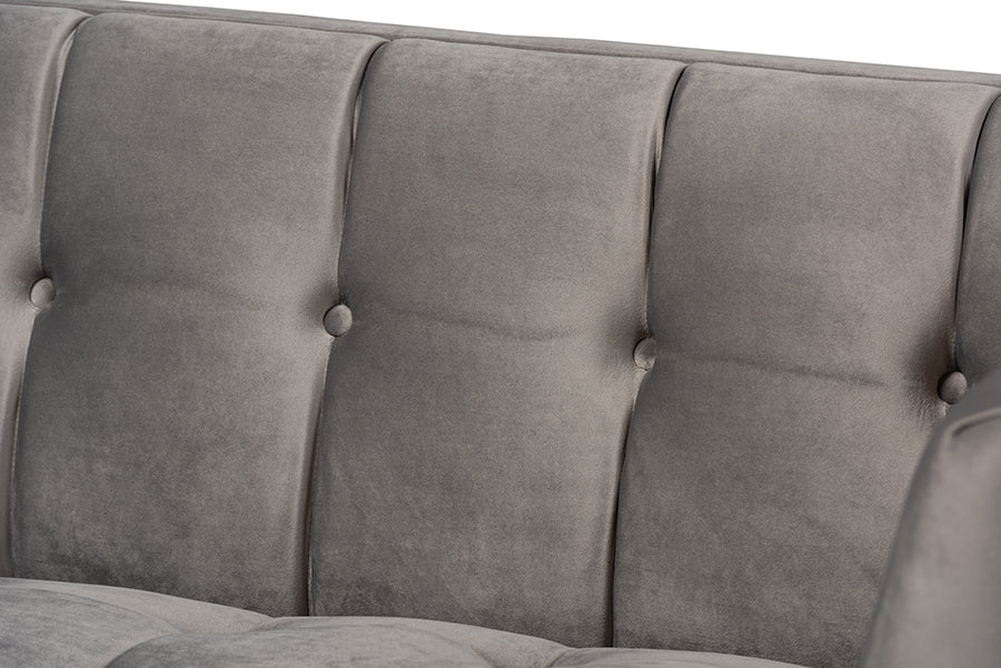 Baxton Studio Ambra Glam and Luxe Grey Velvet Fabric Upholstered and Button Tufted Sofa with Gold-Tone Frame | Sofas | Modishstore - 5
