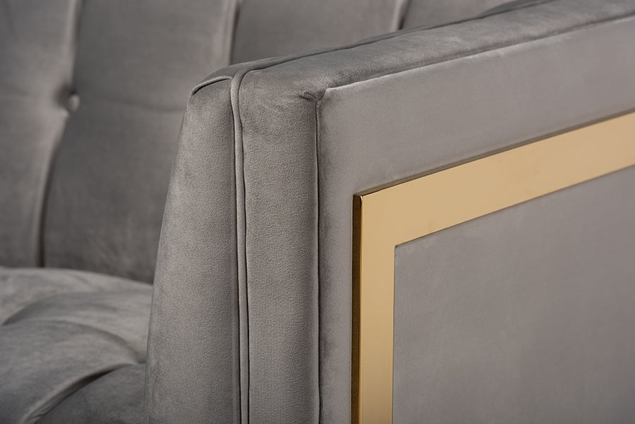 Baxton Studio Ambra Glam and Luxe Grey Velvet Fabric Upholstered and Button Tufted Sofa with Gold-Tone Frame | Sofas | Modishstore - 4