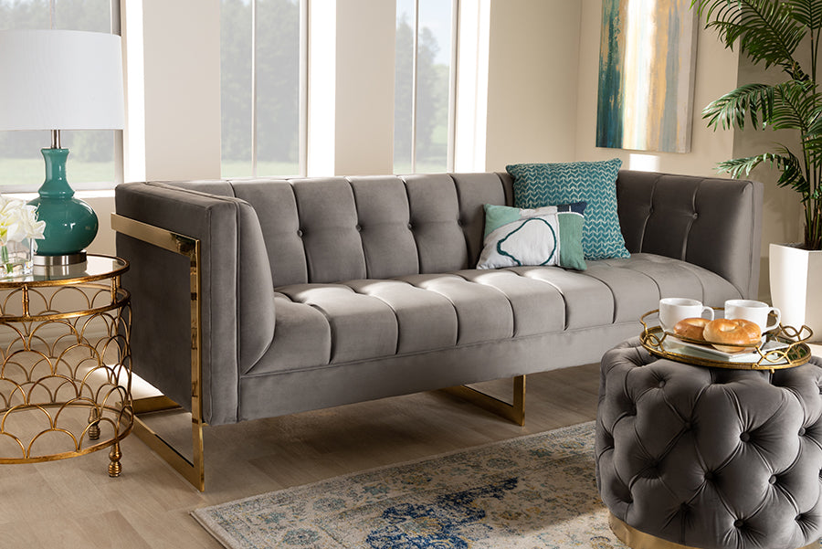 Baxton Studio Ambra Glam and Luxe Grey Velvet Fabric Upholstered and Button Tufted Sofa with Gold-Tone Frame | Sofas | Modishstore - 3