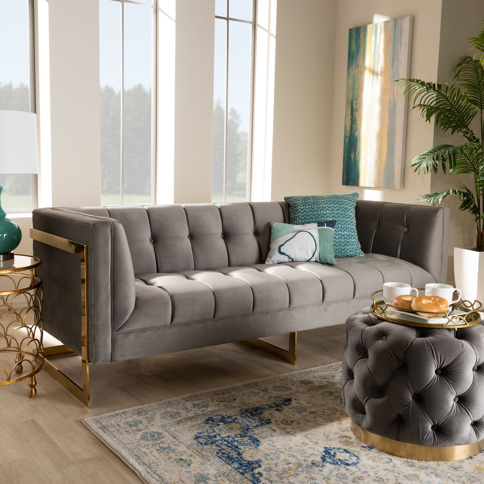 Baxton Studio Ambra Glam and Luxe Grey Velvet Fabric Upholstered and Button Tufted Sofa with Gold-Tone Frame | Sofas | Modishstore - 2