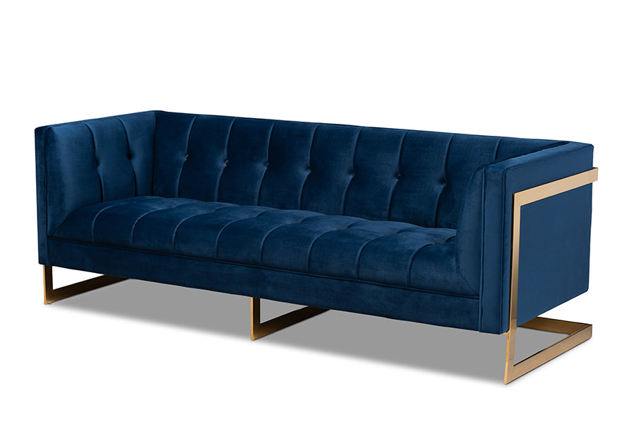 baxton studio ambra glam and luxe royal blue velvet fabric upholstered and button tufted gold sofa with gold tone frame | Modish Furniture Store-2