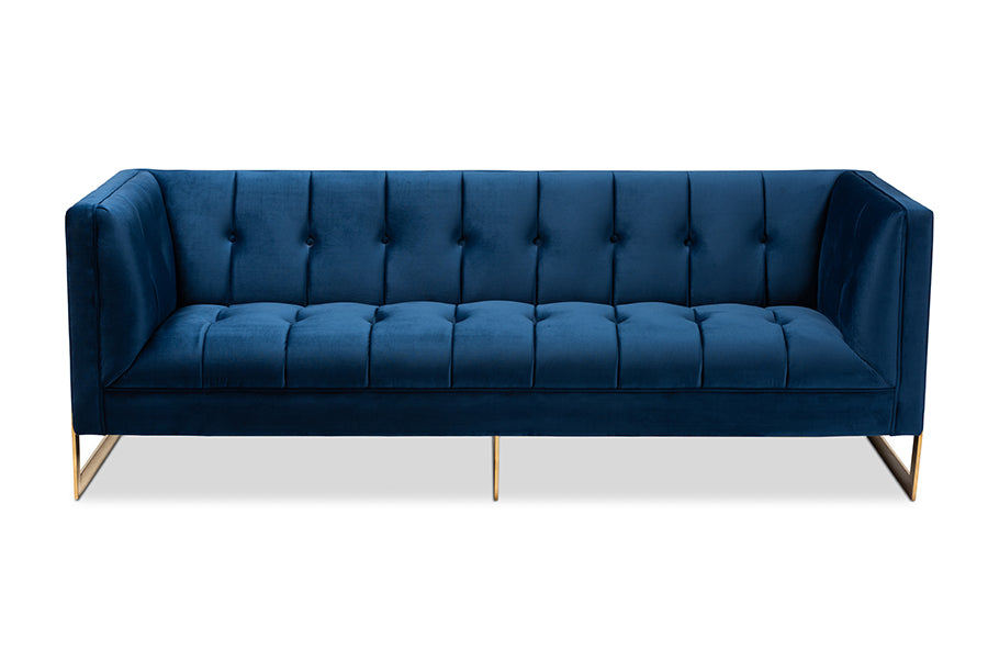 baxton studio ambra glam and luxe royal blue velvet fabric upholstered and button tufted gold sofa with gold tone frame | Modish Furniture Store-3