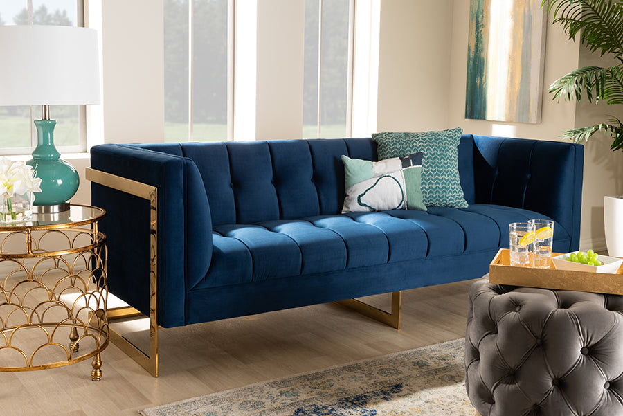 Baxton Studio Ambra Glam and Luxe Royal Blue Velvet Fabric Upholstered and Button Tufted Gold Sofa with Gold-Tone Frame | Modishstore | Sofas