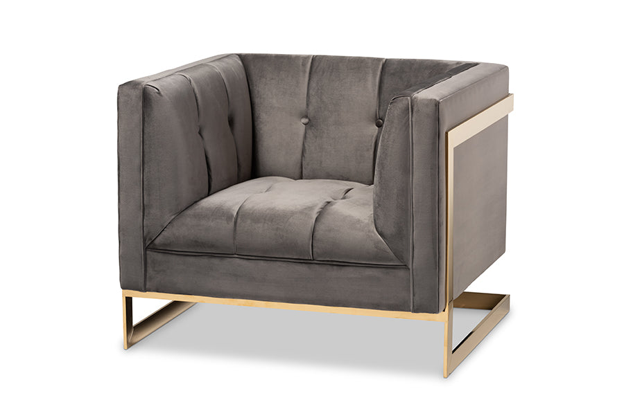 baxton studio ambra glam and luxe grey velvet fabric upholstered and button tufted armchair with gold tone frame | Modish Furniture Store-2