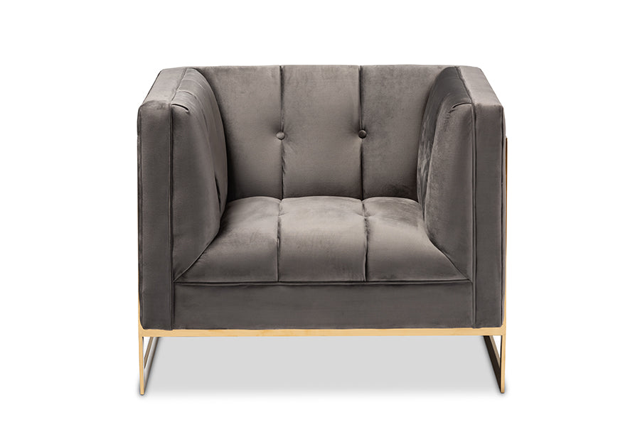 baxton studio ambra glam and luxe grey velvet fabric upholstered and button tufted armchair with gold tone frame | Modish Furniture Store-3