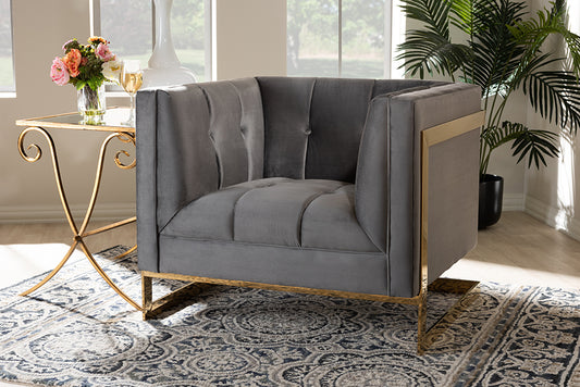 Baxton Studio Ambra Glam and Luxe Grey Velvet Fabric Upholstered and Button Tufted Armchair with Gold-Tone Frame | Modishstore | Armchairs