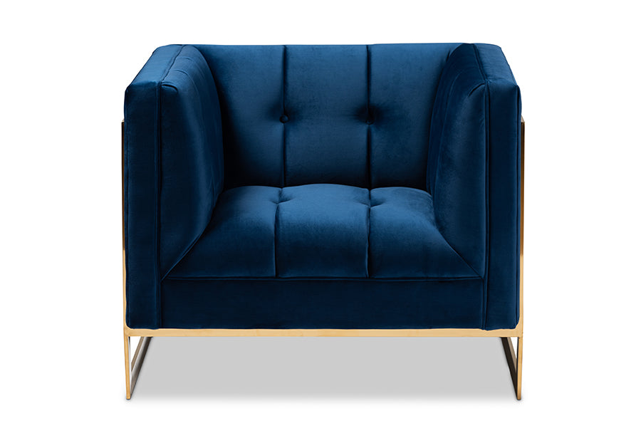 baxton studio ambra glam and luxe royal blue velvet fabric upholstered and button tufted armchair with gold tone frame | Modish Furniture Store-3