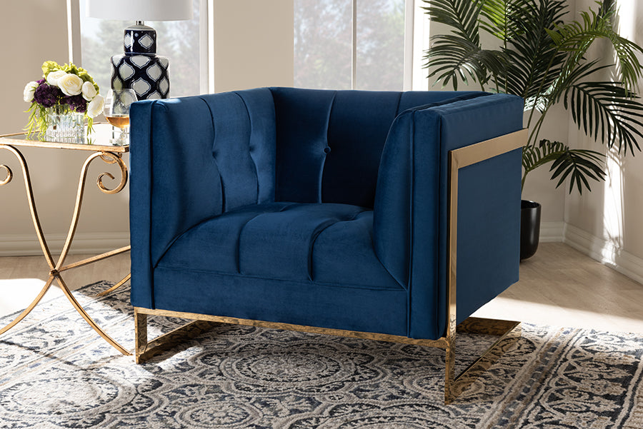 Baxton Studio Ambra Glam and Luxe Royal Blue Velvet Fabric Upholstered and Button Tufted Armchair with Gold-Tone Frame | Modishstore | Armchairs