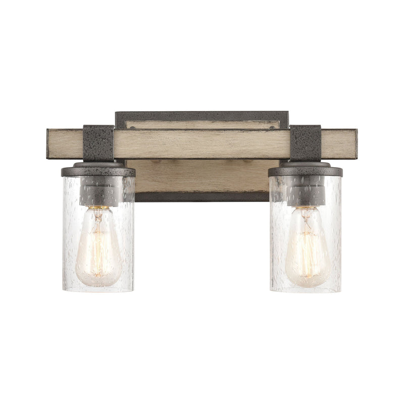 ELK Lighting's Crenshaw Vanity Light in Anvil Iron and Distressed Antique Graywood with Seedy Glass-2