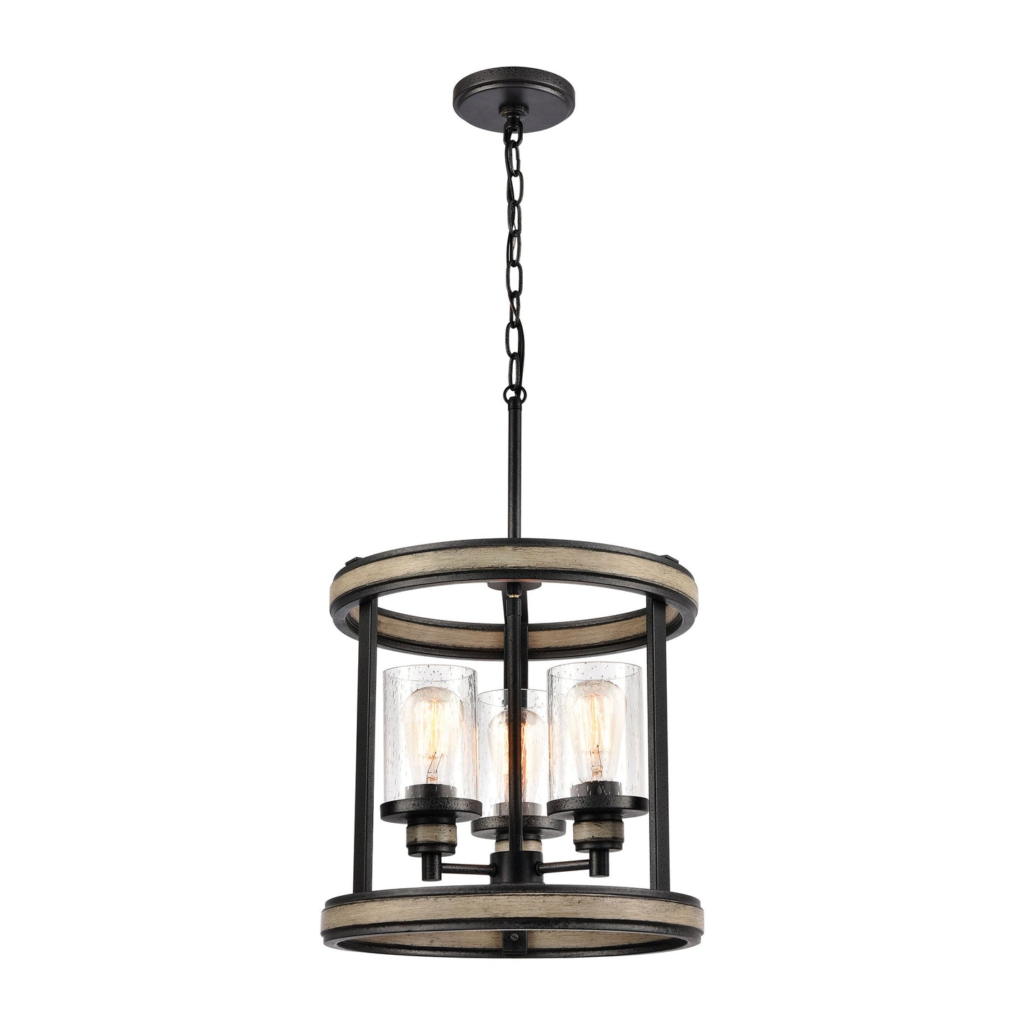 Beaufort 3-Light Pendant in Anvil Iron and Distressed Antique Graywood with Seedy Glass by ELK Lighting | Modishstore | Pendant Lamps