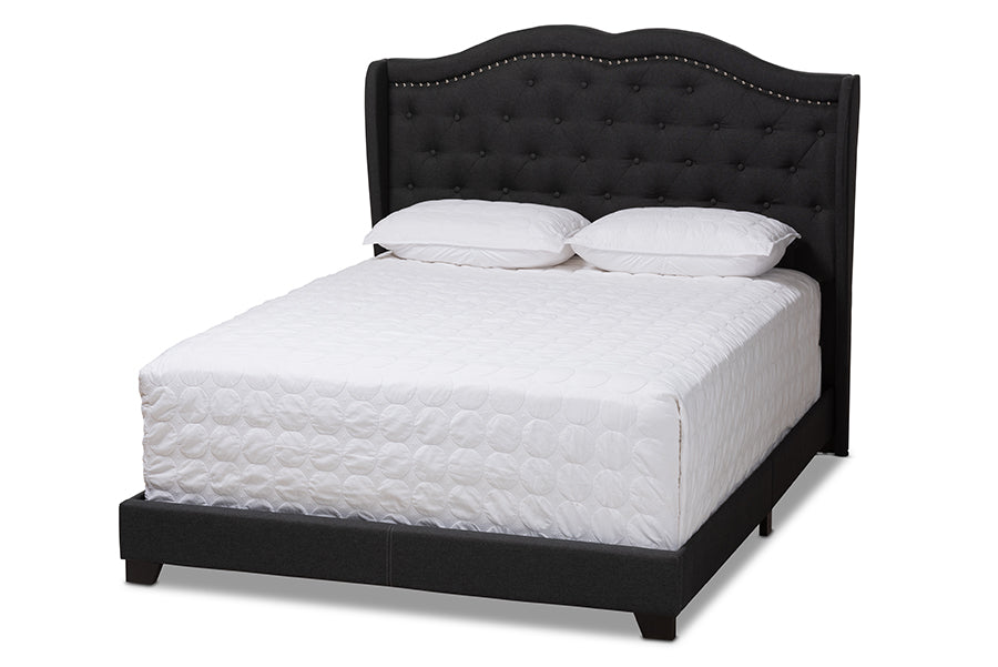 baxton studio aden modern and contemporary charcoal grey fabric upholstered queen size bed | Modish Furniture Store-2