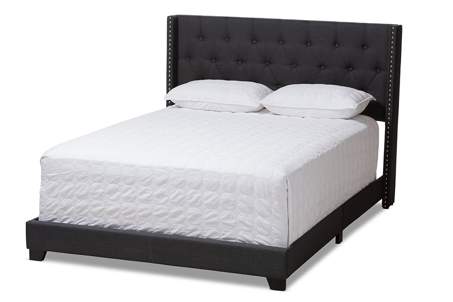 baxton studio brady modern and contemporary charcoal grey fabric upholstered king size bed | Modish Furniture Store-2