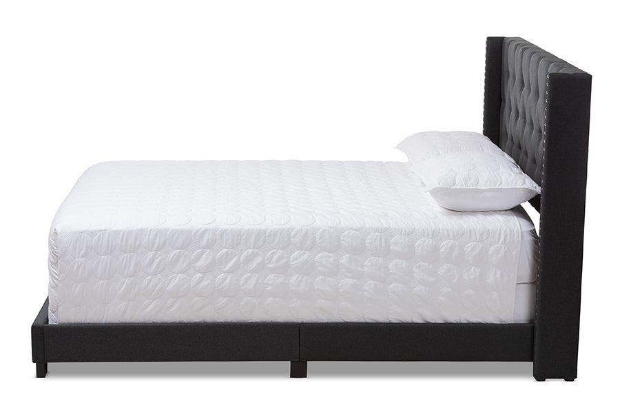 baxton studio brady modern and contemporary charcoal grey fabric upholstered king size bed | Modish Furniture Store-3