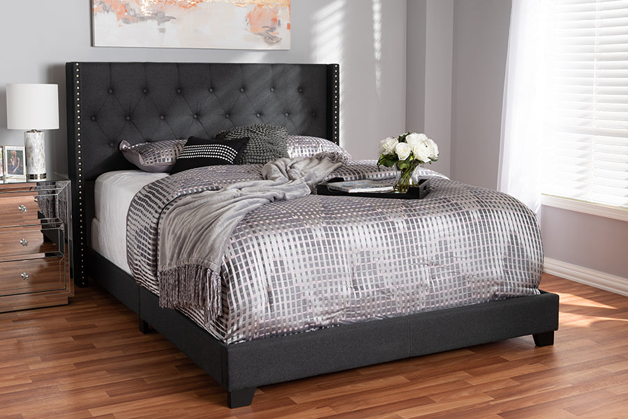 Baxton Studio Brady Modern and Contemporary Charcoal Grey Fabric Upholstered King Size Bed | Modishstore | Beds