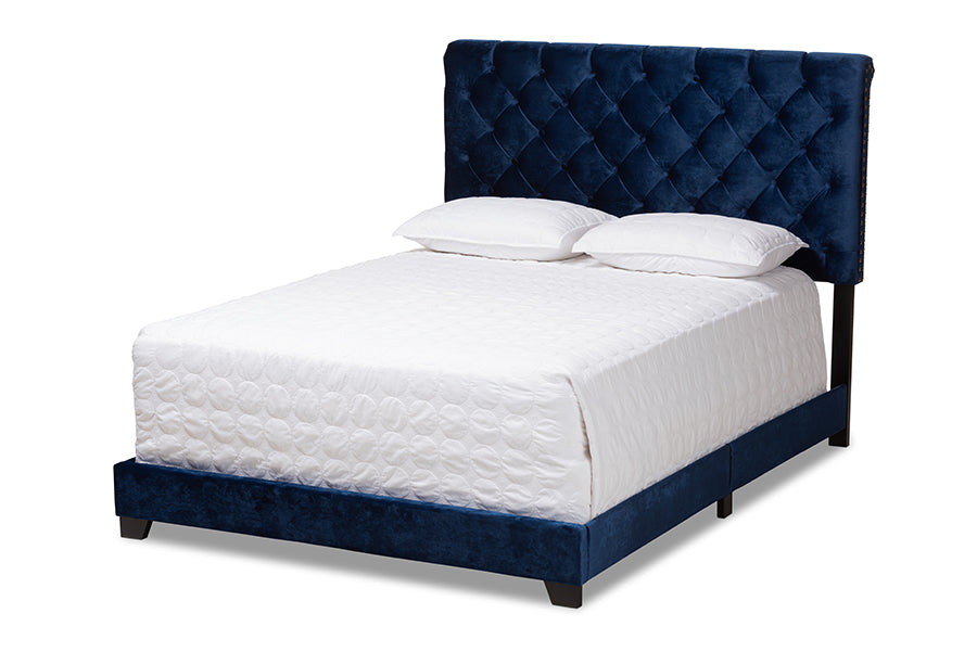 baxton studio candace luxe and glamour navy velvet upholstered queen size bed | Modish Furniture Store-2