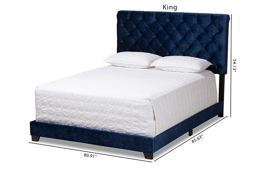 Baxton Studio Candace Luxe and Glamour Navy Velvet Upholstered King Size Bed | Beds | Modishstore - 6