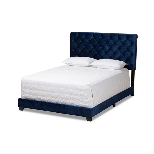 Baxton Studio Candace Luxe and Glamour Navy Velvet Upholstered King Size Bed | Beds | Modishstore