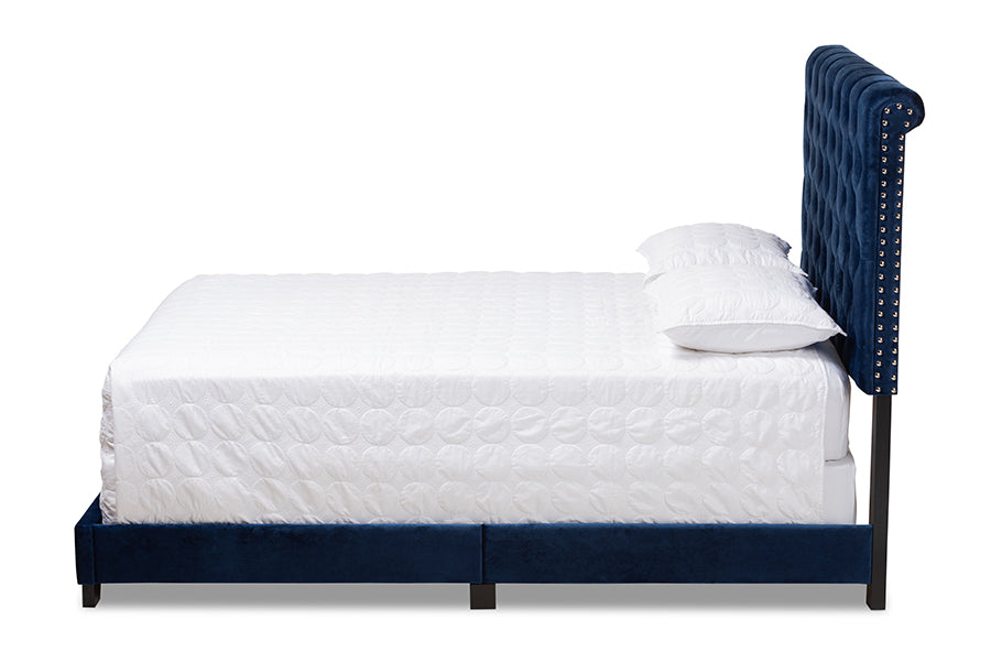 baxton studio candace luxe and glamour navy velvet upholstered queen size bed | Modish Furniture Store-3