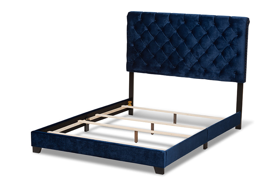 Baxton Studio Candace Luxe and Glamour Navy Velvet Upholstered King Size Bed | Beds | Modishstore - 7
