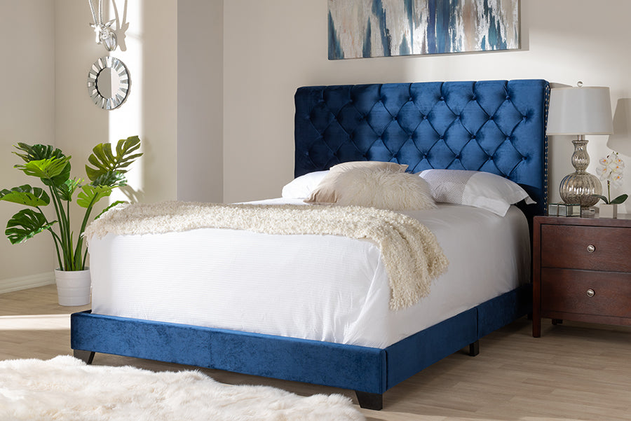 Baxton Studio Candace Luxe and Glamour Navy Velvet Upholstered King Size Bed | Beds | Modishstore - 2