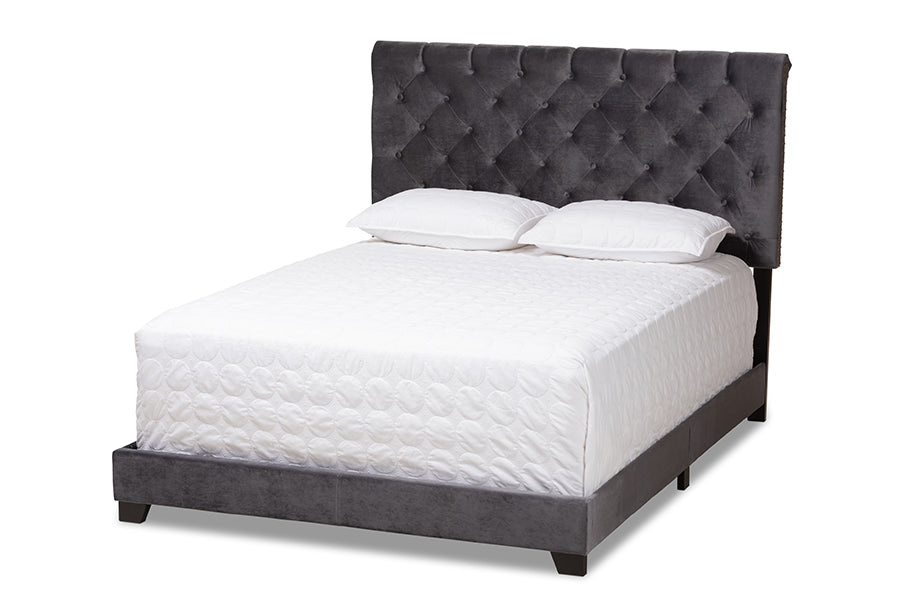 baxton studio candace luxe and glamour dark grey velvet upholstered queen size bed | Modish Furniture Store-2