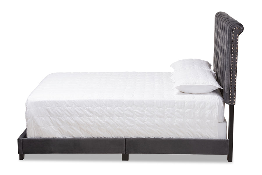 baxton studio candace luxe and glamour dark grey velvet upholstered queen size bed | Modish Furniture Store-3