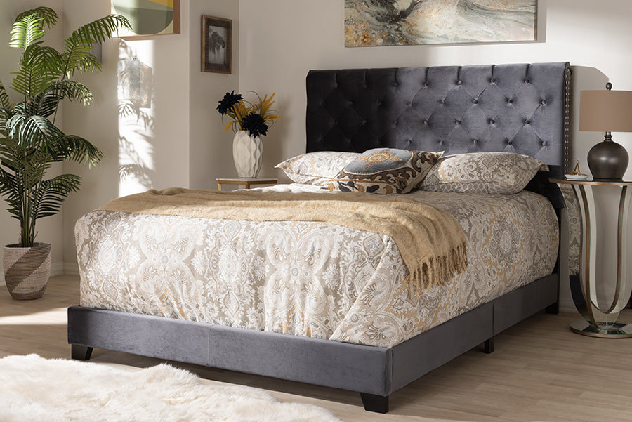 Baxton Studio Candace Luxe and Glamour Dark Grey Velvet Upholstered Queen Size Bed | Modishstore | Beds
