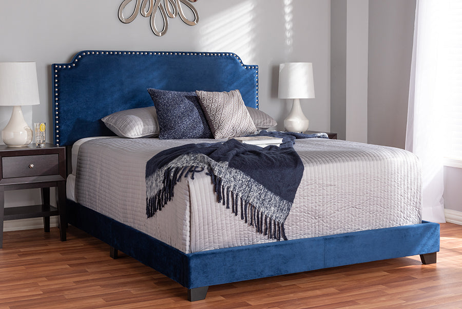 Baxton Studio Darcy Luxe and Glamour Navy Velvet Upholstered King Size Bed | Modishstore | Beds
