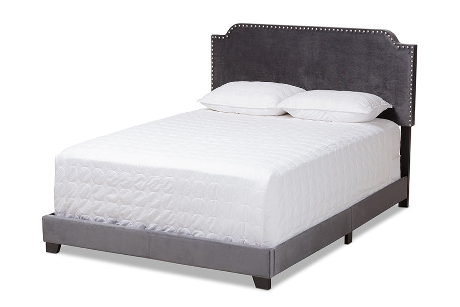 baxton studio darcy luxe and glamour dark grey velvet upholstered queen size bed | Modish Furniture Store-2