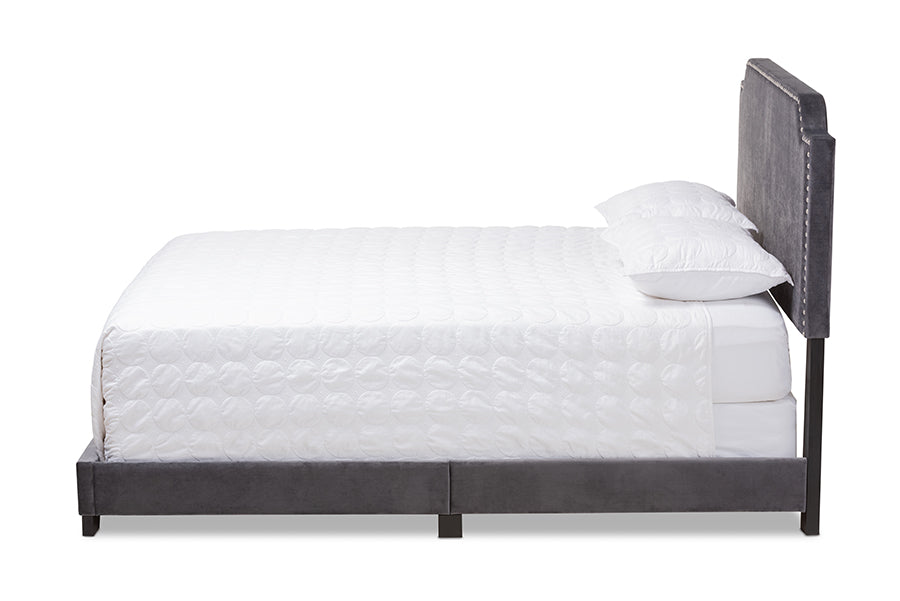 baxton studio darcy luxe and glamour dark grey velvet upholstered queen size bed | Modish Furniture Store-3