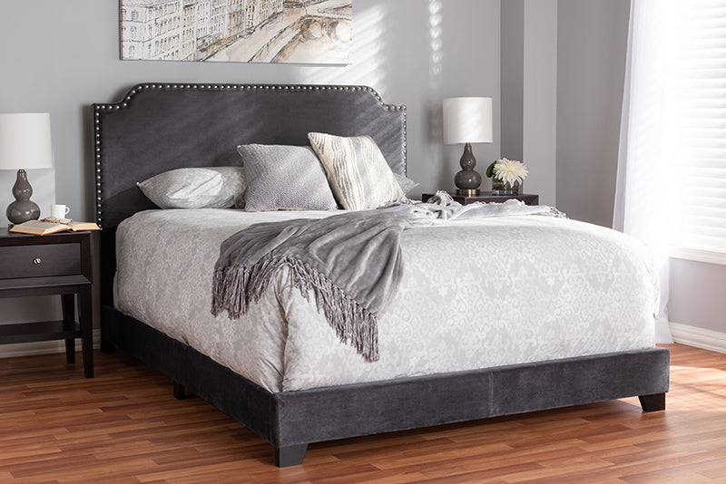 Baxton Studio Darcy Luxe and Glamour Dark Grey Velvet Upholstered King Size Bed | Modishstore | Beds