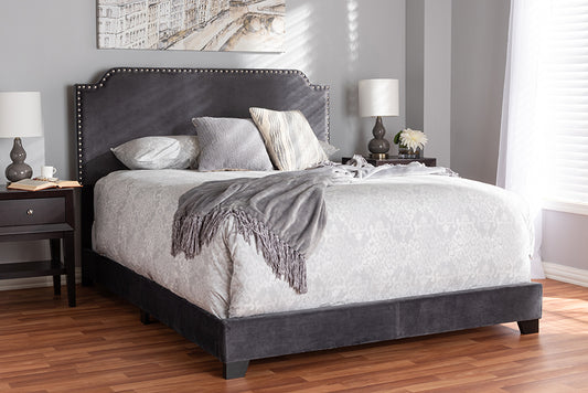 Baxton Studio Darcy Luxe and Glamour Dark Grey Velvet Upholstered Queen Size Bed | Modishstore | Beds