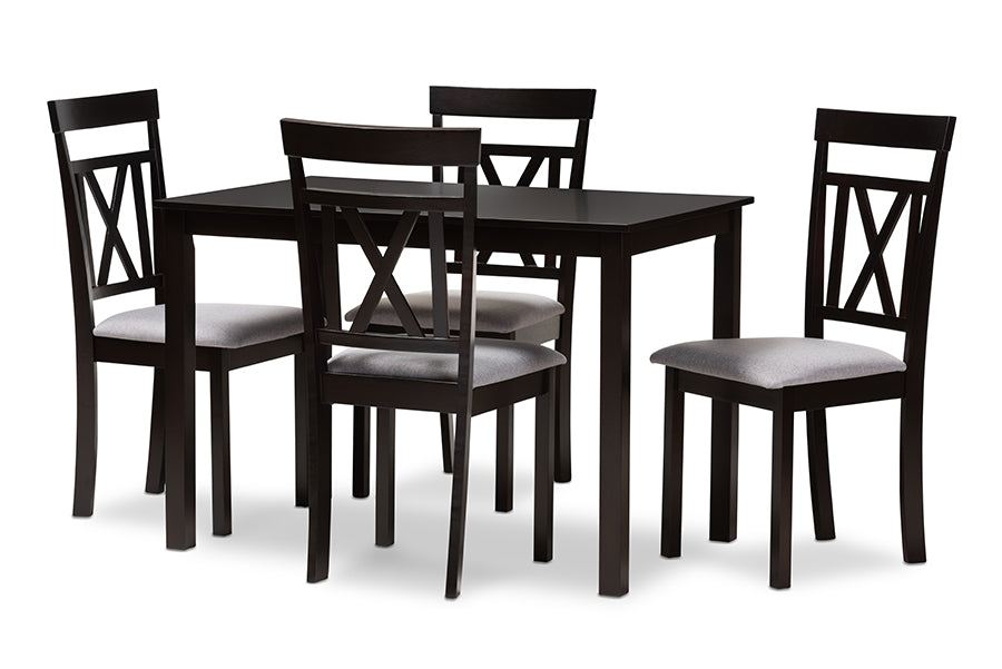 baxton studio rosie modern and contemporary espresso brown finished and grey fabric upholstered 5 piece dining set | Modish Furniture Store-2